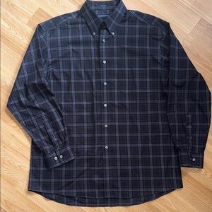 Hathaway Plaid Men's Long Sleeve Shirt Size Large Black Gray 100% cotton